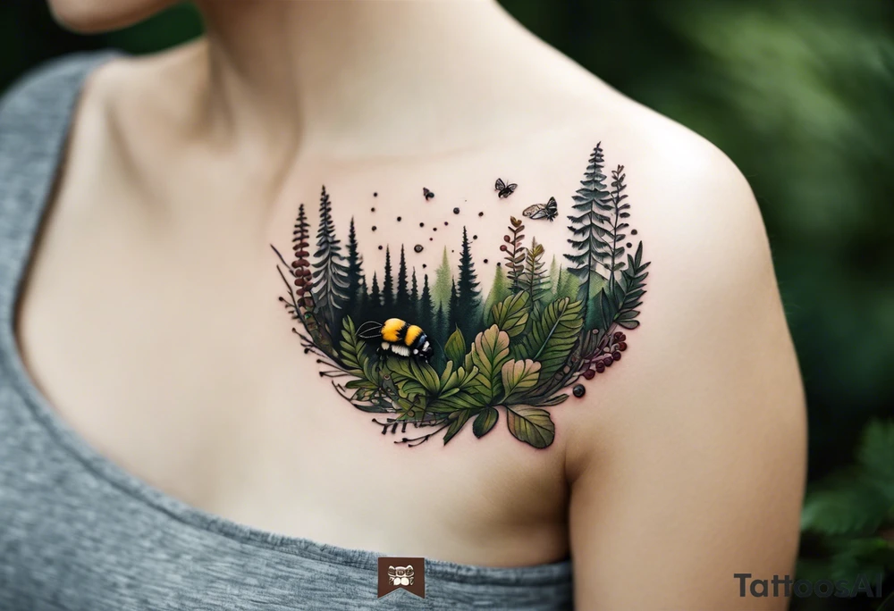 forest floor inspired minimalist tattoo, which includes grass, curly ferns, moss and dead leaves as the bulk of the tattoo. details to include: forest berries, a tiny bumblebee flying nearby, three small brown mushrooms
Generate a vertically long one tattoo idea