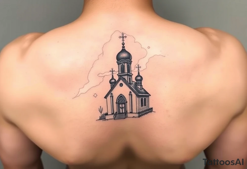 in a dorsal view a smaller sized orthodox church shrouded with a mist above and fading into a virgin mary overlooking tattoo idea