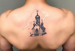 in a dorsal view a smaller sized orthodox church shrouded with a mist above and fading into a virgin mary overlooking tattoo idea