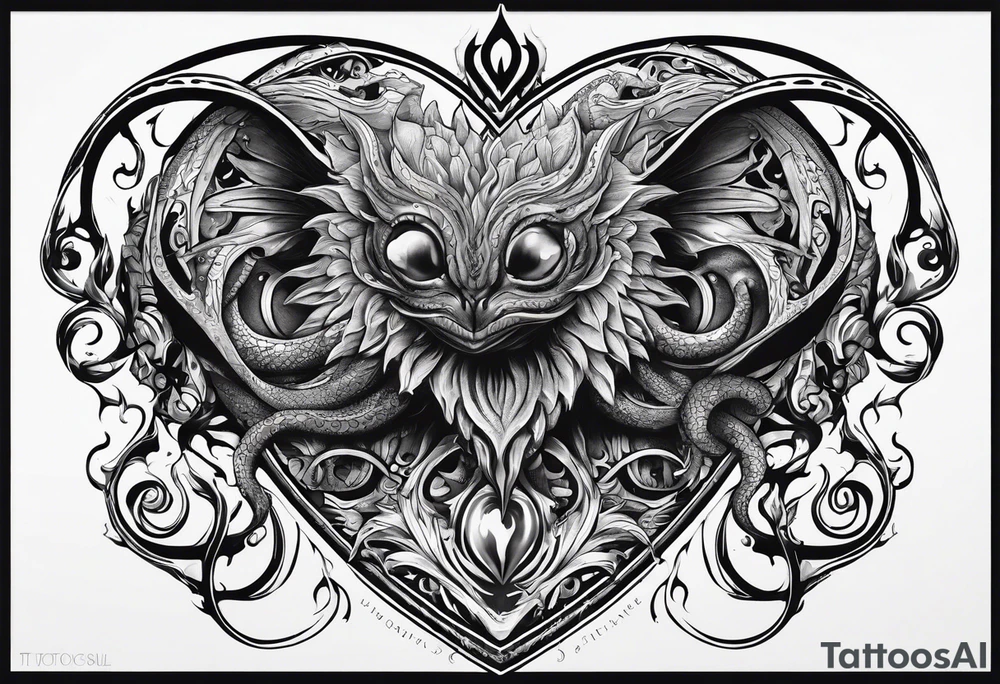 Long tattoo. Lovecraftian creature protecting a heart. tattoo idea