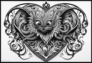 Long tattoo. Lovecraftian creature protecting a heart. tattoo idea