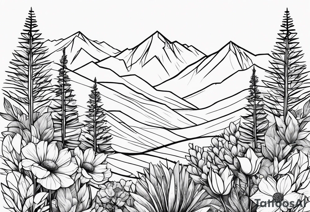 Minimalist, wild flowers, mountains tattoo idea