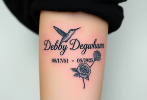 Tattoo of the exact name Debby Deguzman in chunky curly cursive with the exact dates of 08/17/61-05/29/25 surrounded by 1 hummingbird and 1 rose tattoo idea