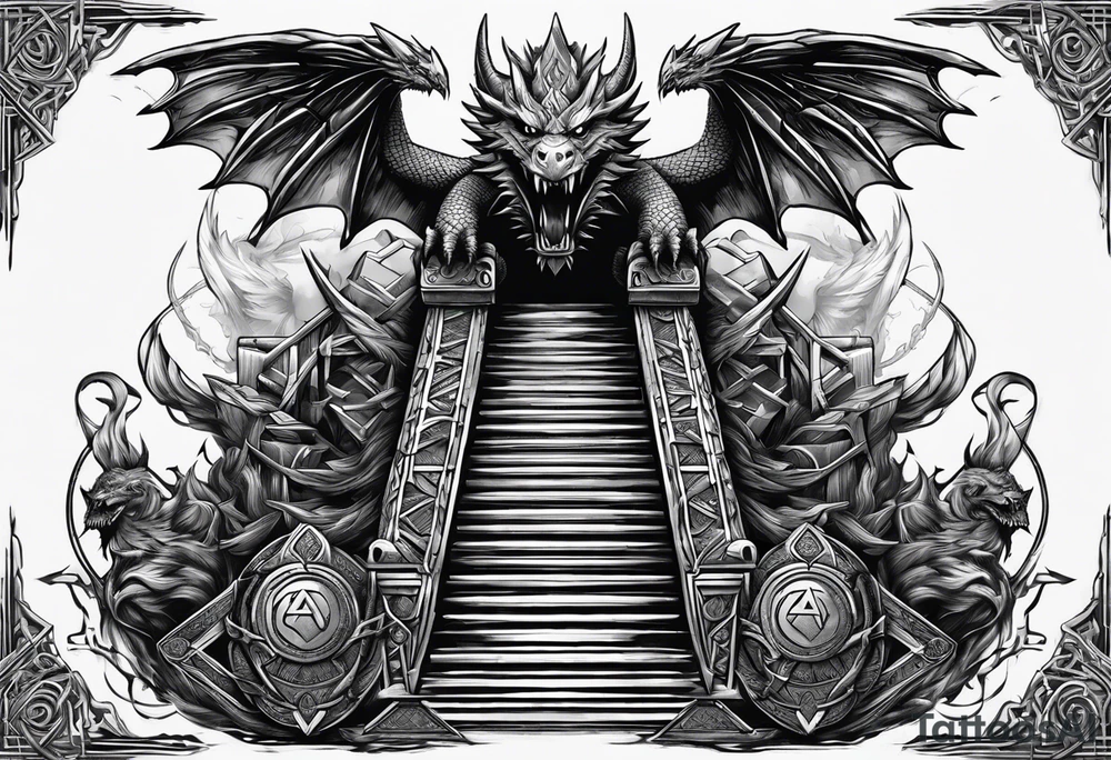 Valhalla sword shield dragon axe stairs Valknut barbed wire chains valknut fire tattoo idea Valhalla sword shield dragon axe stairs Valknut barbed wire chains valknut fire tattoo idea