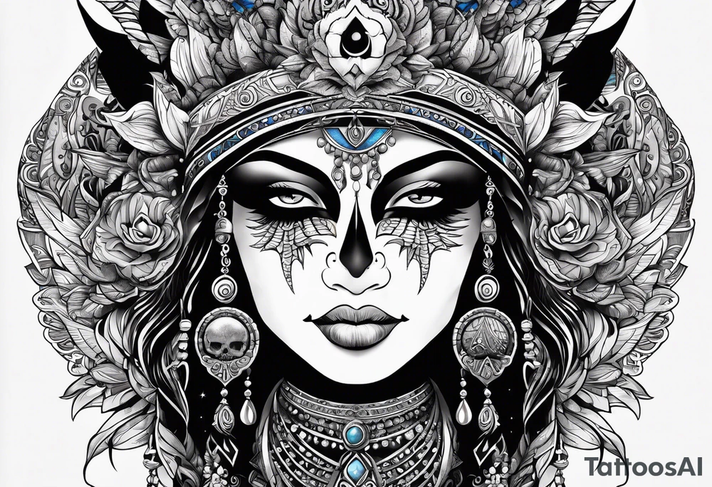 black kali, goddess pirate, alien, pachamama, valkrye, warrior, skull, lotus azul, wing, eagle, zenza resonance, stars, 5D tattoo idea