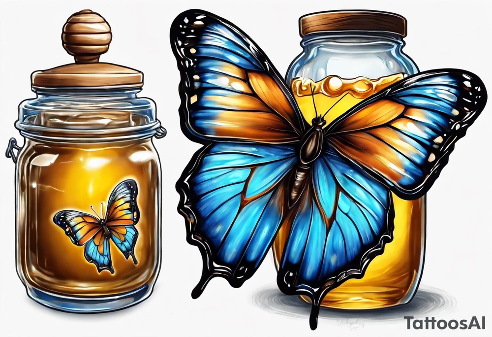 Blue morpho butterfly with a glass jar of honey tattoo idea