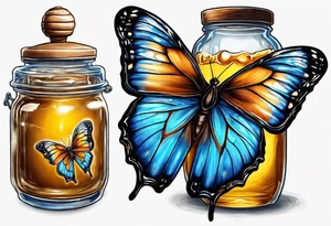 Blue morpho butterfly with a glass jar of honey tattoo idea