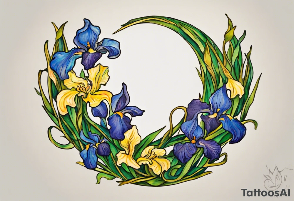 Create a small colorful Vincent van Gogh Irises tattoo in the form of a crescent, with vines gracefully intertwining at a central point in the middle of the wreath. Ensure that the design avoids the appearance of a bush and maintains a more structured and deliberate arrangement. The intended placement is on the upper chest. The overall design should be small in size while maintaining a delicate and artistic aesthetic. Pay attention to the graceful flow of the vines and the placement of the irises to achieve a refined and elegant look. tattoo idea