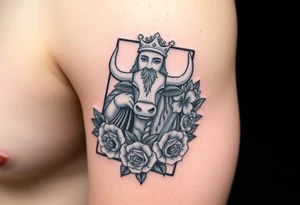 A king playing card with a highland cow, a small four leaf clover, a small spanner the card surrounded by roses tattoo idea