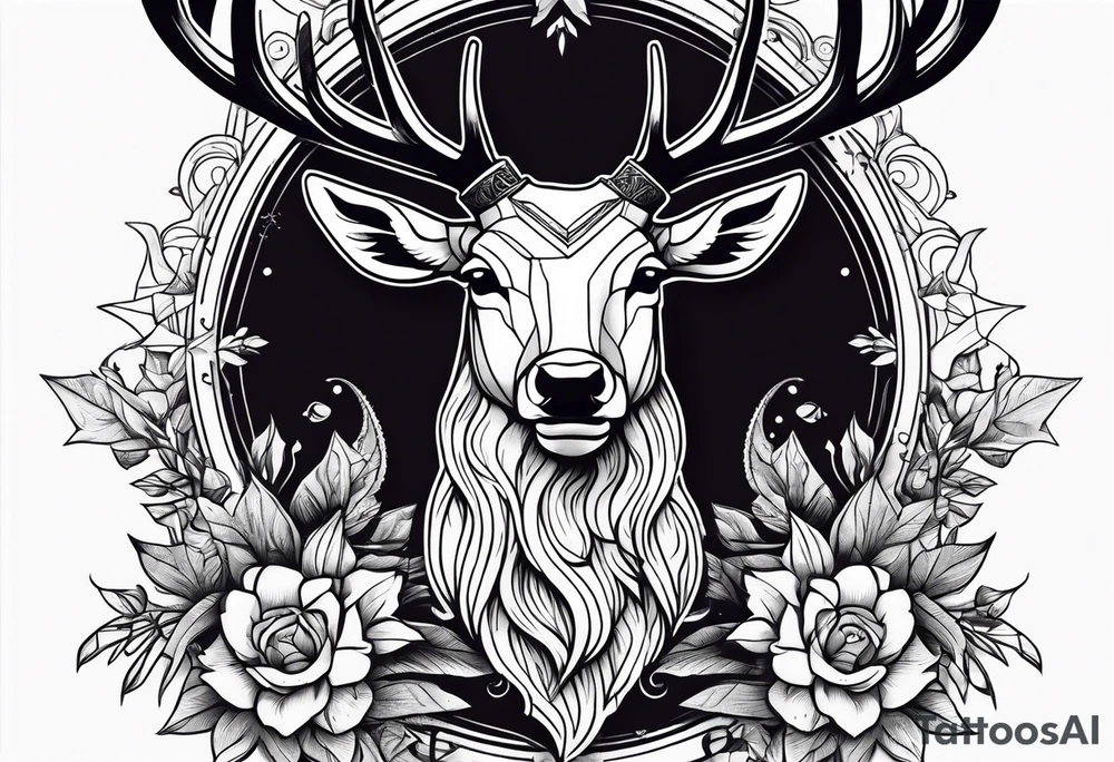 Stag surrounded by a ribbon and a large dagger in the background tattoo idea