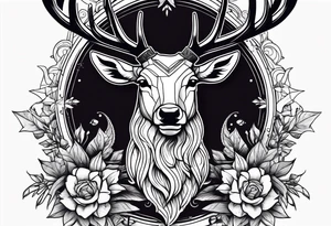 Stag surrounded by a ribbon and a large dagger in the background tattoo idea