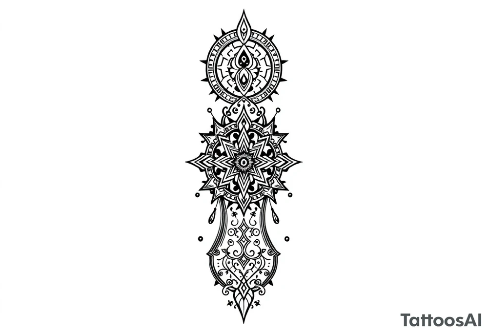 mystical long ornament tattoo with shaman and witch style and ancient rhyme tattoo idea