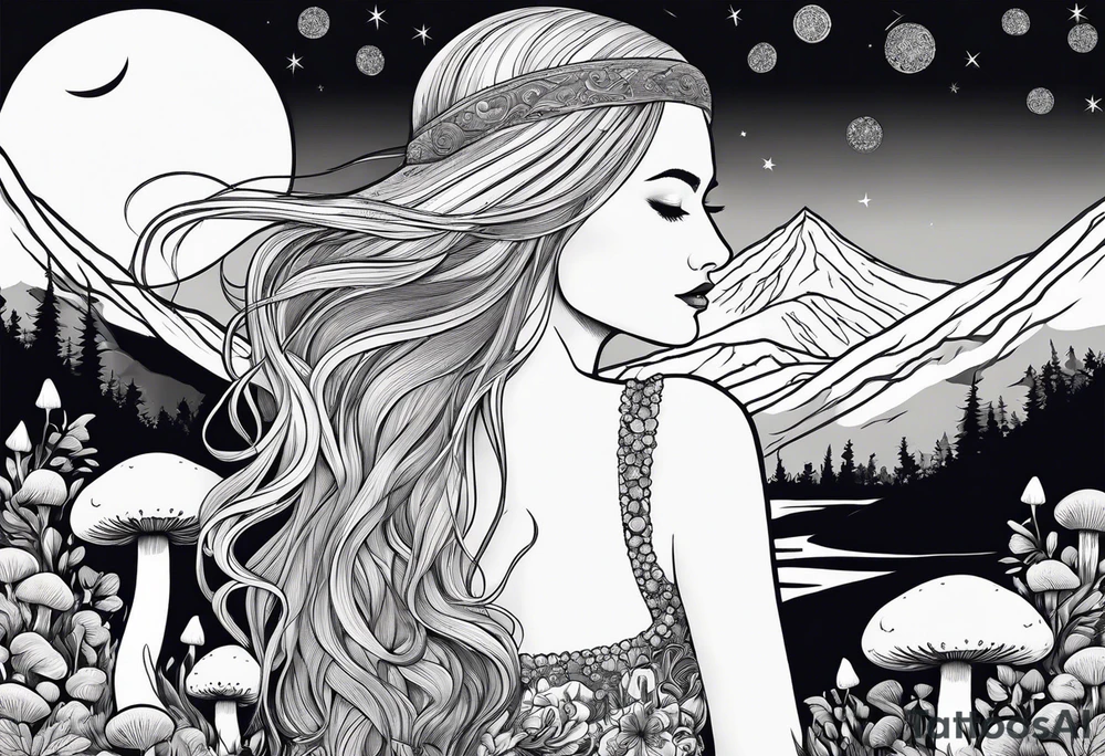 Blonde long straight hair older woman no face surrounded by mushrooms facing mountains crescent moon background tattoo idea