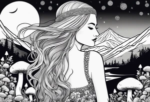 Blonde long straight hair older woman no face surrounded by mushrooms facing mountains crescent moon background tattoo idea