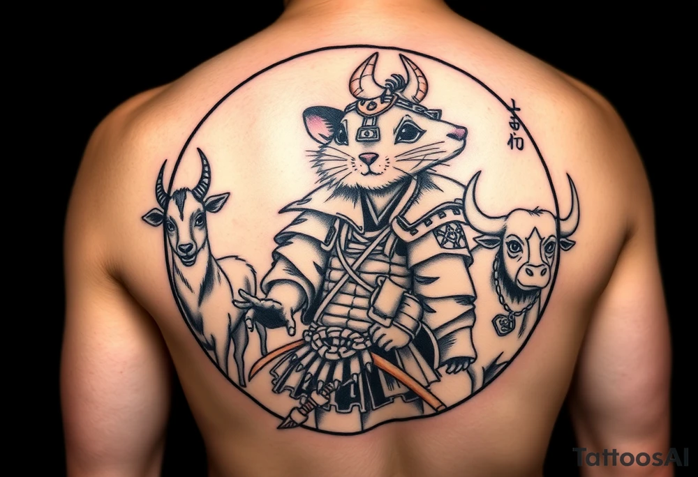 Japanese style tattoo with rat dressed as a Japanese samurai warrior. Surrounded by the rat is a goat, dog, and ox all dressed up sumurai style. Whole tattoo fits within a round shape without circular border tattoo idea