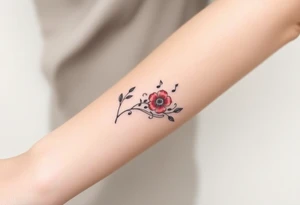 Red flowers with black music notes tattoo idea