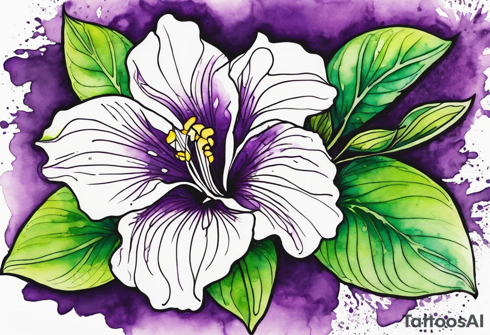 An outline of a rio dipladenia flower with a mystical green/purple watercolor splash in the background tattoo idea