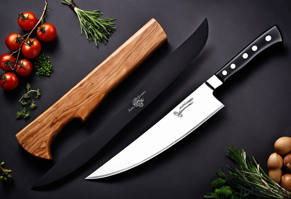 I want a realistic tattoo in the shape of a slicing knife like a Miyabi Birchwood SG2 Chef's Knife, well detailed especially on the handle, with a scene of a professional kitchen on the blade, such as a large central plancha with 2 enthusiastic cooks in the heat of the action (one with his back to t tattoo idea