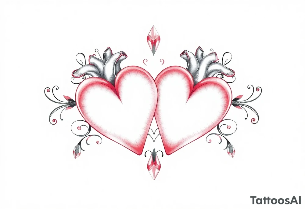 Two hearts surrounded by filigree and crystal or gem accents tattoo idea