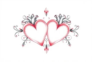 Two hearts surrounded by filigree and crystal or gem accents tattoo idea