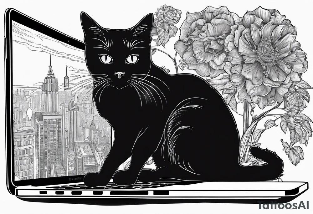 A black cat sitting in Front of a MacBook and Programming. tattoo idea