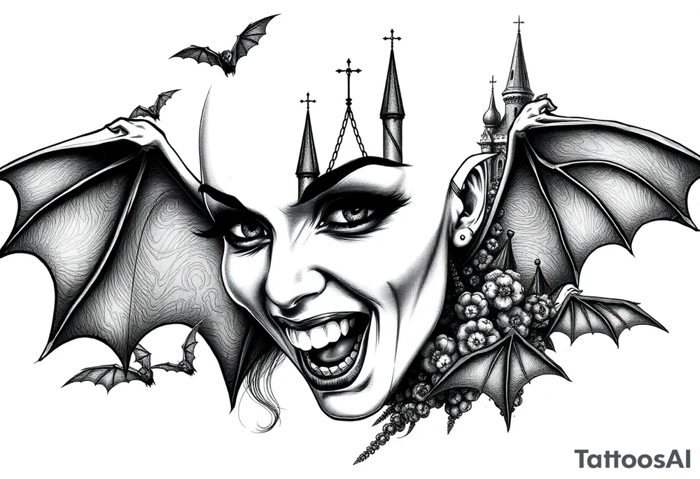 female vampire,bats,old castle,teeth. tattoo idea