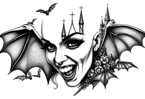 female vampire,bats,old castle,teeth. tattoo idea