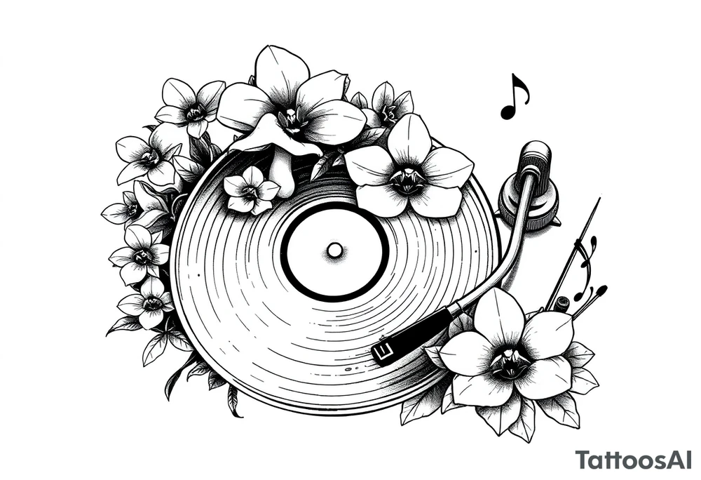 vinyl record player with mushrooms, orchids, and music notes around it tattoo idea