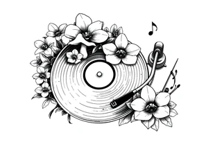 vinyl record player with mushrooms, orchids, and music notes around it tattoo idea