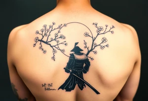 noble samurai warrior silhouette at sunset with cherry blossoms tattoo idea