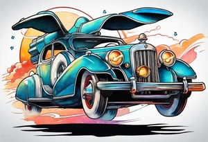 retro futuristic time machine flying car tattoo idea
