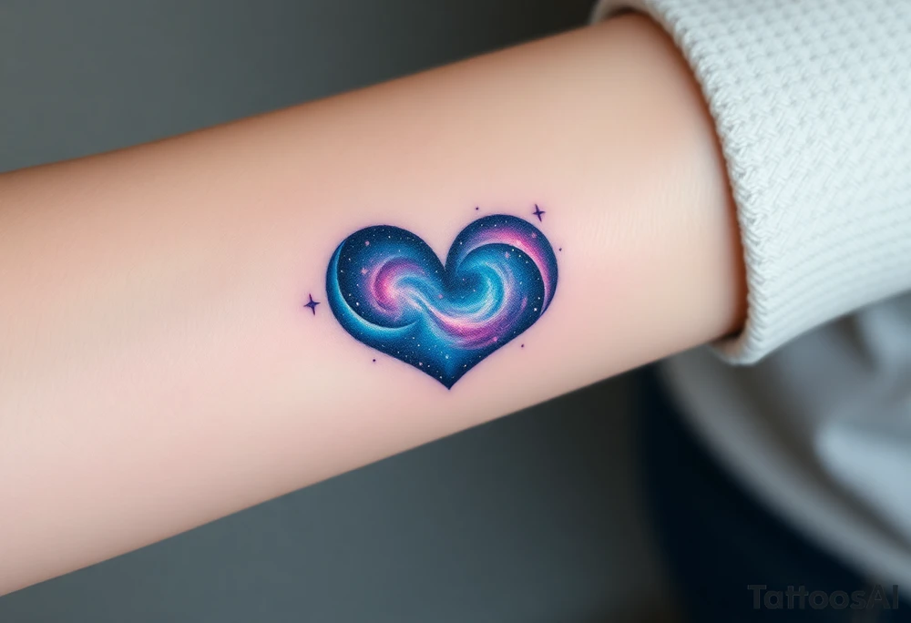 Full infinity symbol with a heart made of swirling galaxy patterns, featuring deep blues, purples, and subtle stardust tattoo idea