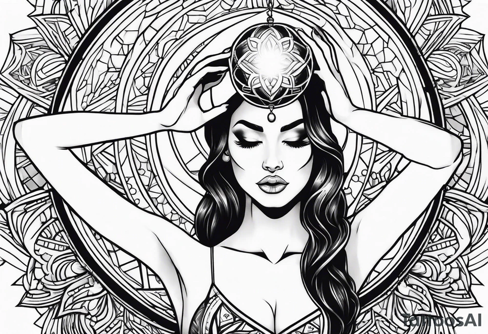 Woman , hands over head , holding orb of life tattoo idea