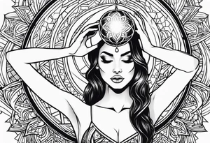 Woman , hands over head , holding orb of life tattoo idea