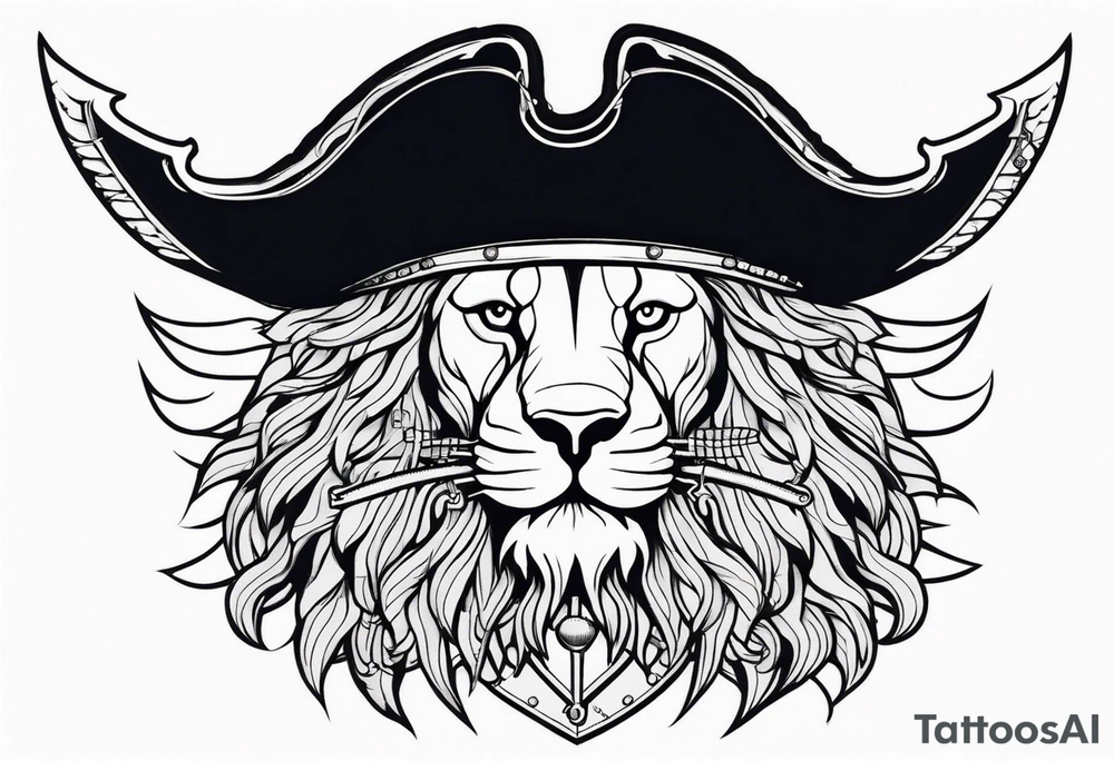 Pirate lion wearing jacket, sword and pistol, nautical steampunk theme. dreadlocks. tattoo idea