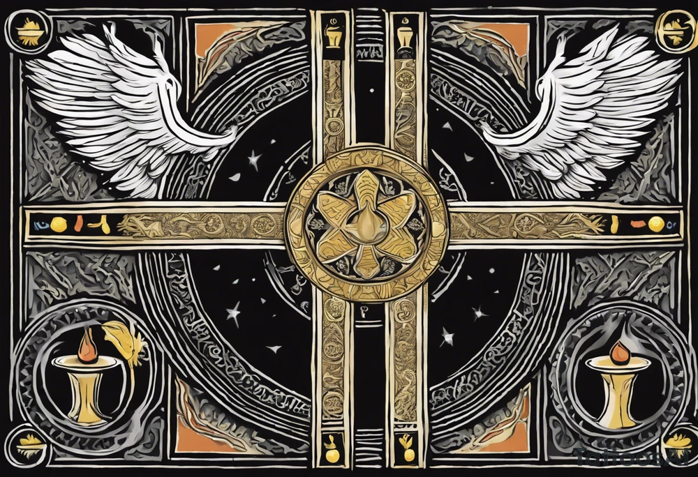 A medieval cross with an assyrian flag in the middle. A crown om top of the cross. The assyrian king Sennacherib. A sun and a moon. A cloud with rain and thunder. charizard. an imperfect cirkle. a candle. a swan. lemons. the god asshur with wings. an ankh. angel wings with a halo. surrounded by olive branches and feathers. all black and white. no shadowing. tattoo idea