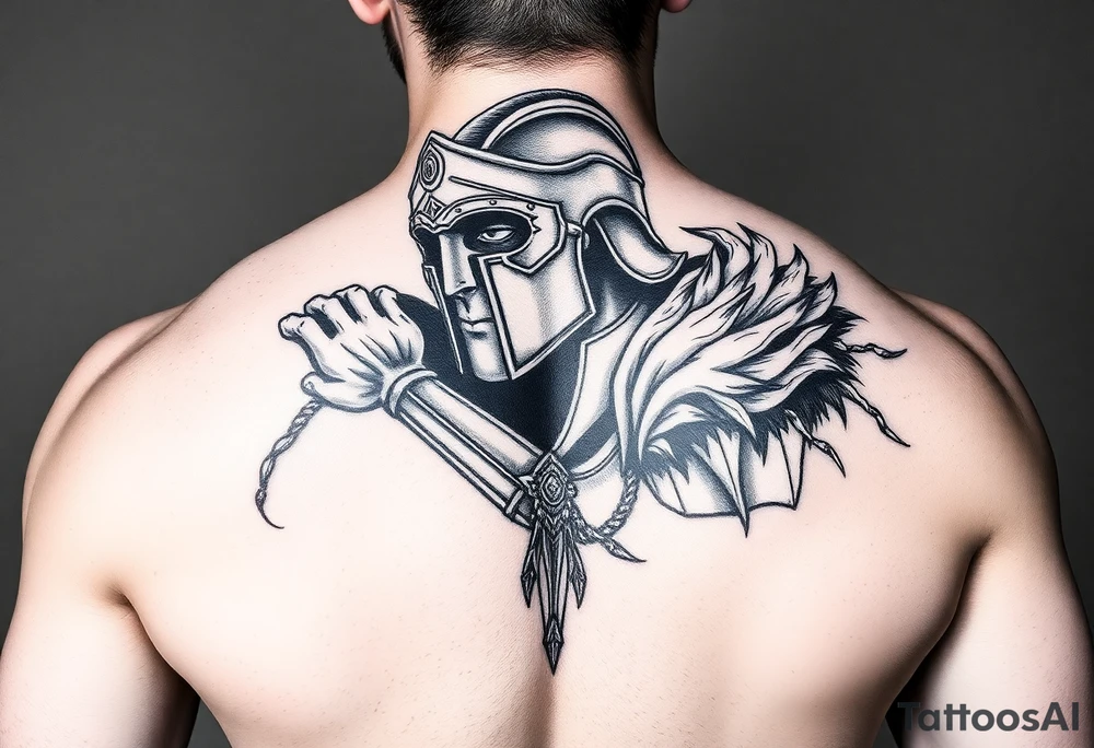 Spartan warrior protecting, guiding, leading, and defining the path for the ones he loves for a right shoulder chest and back piece tattoo idea