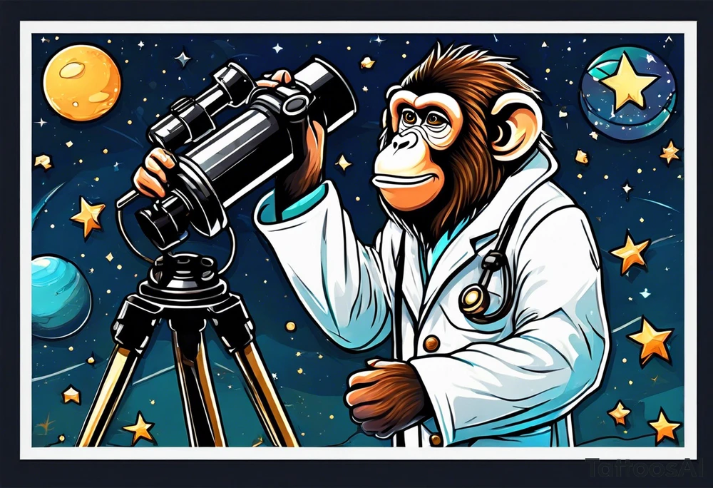 Small monkey in a lab coat looking up at the stars through a telescope tattoo idea