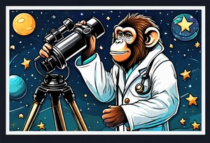 Small monkey in a lab coat looking up at the stars through a telescope tattoo idea