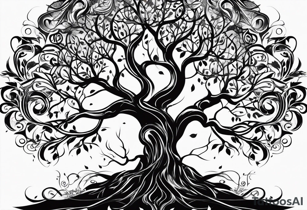 create a tree of life fusing with the tree of knowledge. tattoo idea