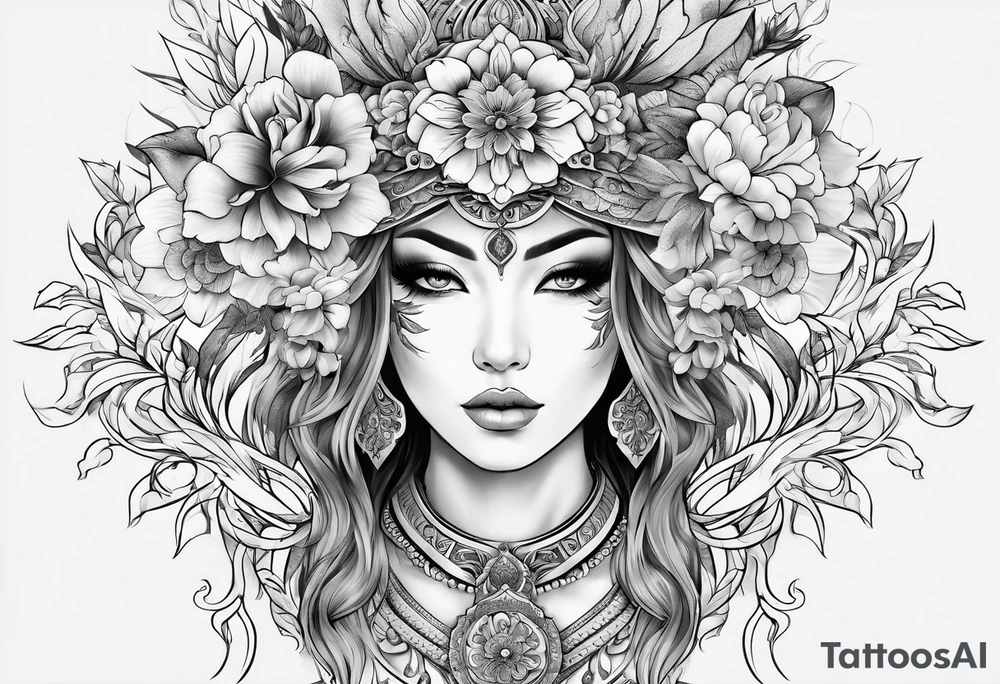ornate beautiful woman warrior floral  tattoo tattoo idea
