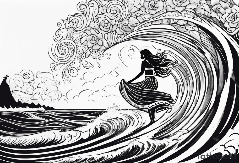 Hula girl inside of a wave tattoo idea