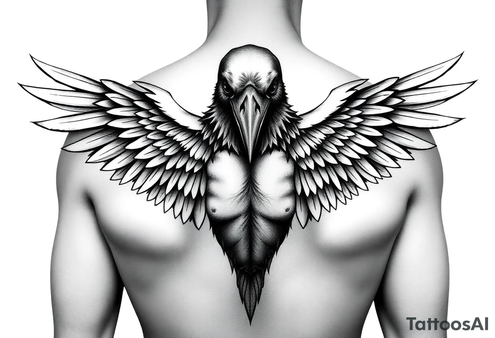 Create a detailed upper back tattoo design featuring a central figure with a crow head facing forward, a human body, and two symmetrical angel wings extending outward. . Use a grayscale style with intricate shading, ensuring a balanced and bold composition. Avoid side profiles for the crow head, keeping it directly forward tattoo idea