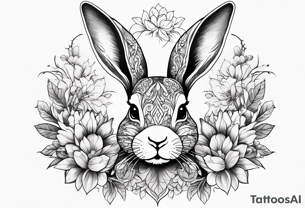 Realistic rabbit head in the middle of realistic flowers and leaves tattoo idea