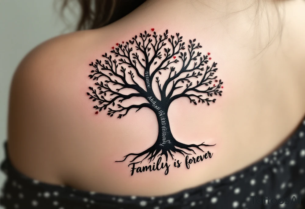 Tree shaped like a human silhouette, trunk forming the body, branches as arms. Names "Tereza, Adam, Josef, Klára"  spiraling up the limbs, roots forming “Family is forever” in script. Black and gray realism with subtle red accents. tattoo idea