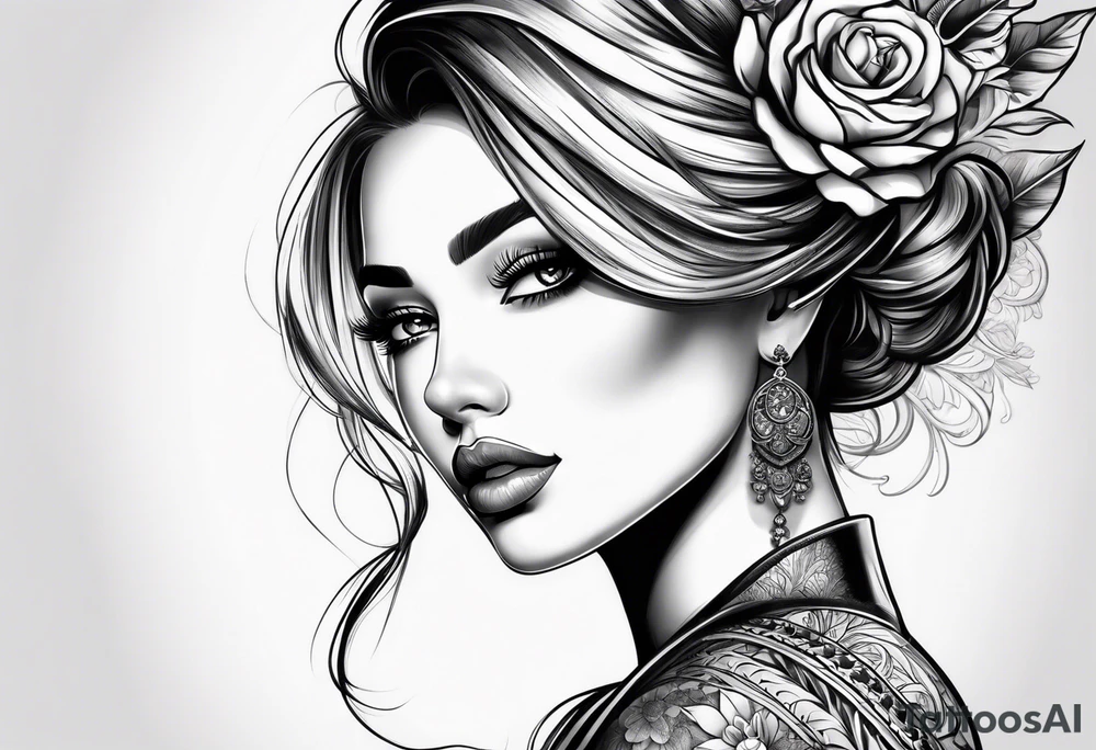 Half of beautiful woman face is closed with the arm tattoo idea