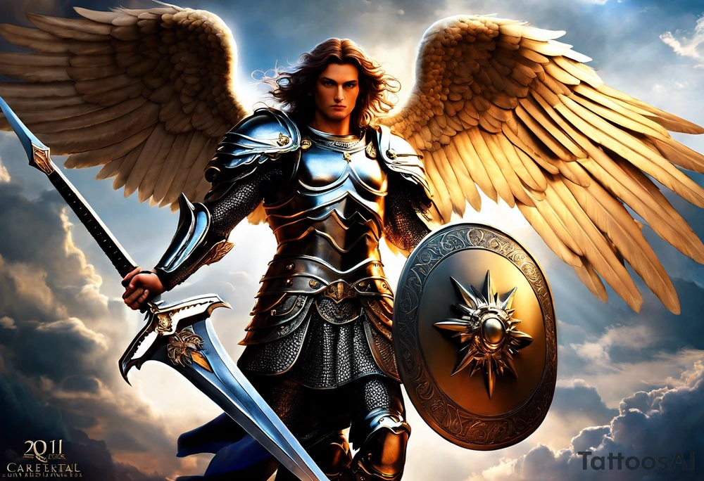 **Tattoo Design: Archangel Michael**

- **Central Theme**: Archangel Michael, majestic and powerful, stands ready with a raised sword, prepared to battle evil.
- **Appearance**: The figure of Archangel Michael depicted in full angelic armor, with majestic wings spread wide.
- **Expression**: His stance conveys strength, courage, and determination in defense of good.
- **Details**: Focus on intricate details such as facial features, armor embellishments, and the raised sword.
- **Background**: May be stylized as celestial, with rays of light or clouds, accentuating the divine presence of Archangel Michael.
- **Placement**: Intended for placement on the chosen body area, with the option to adjust the size according to personal preferences. tattoo idea