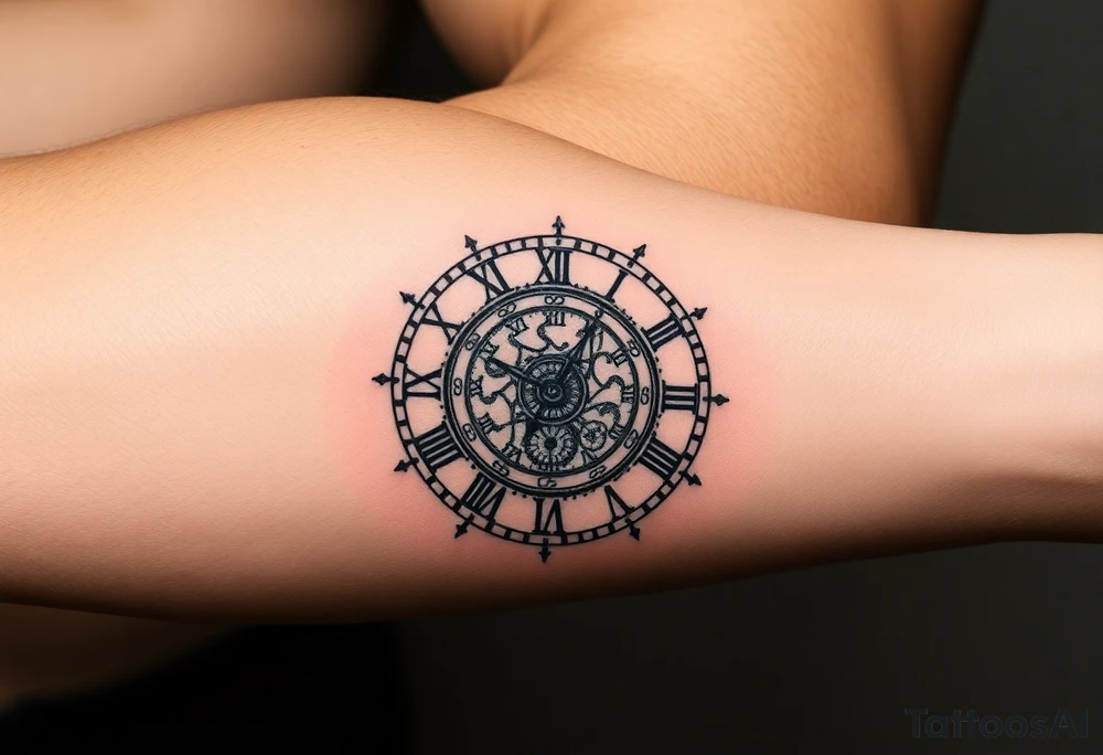 vintage roman numerals within ornate clockwork mechanism tattoo idea
