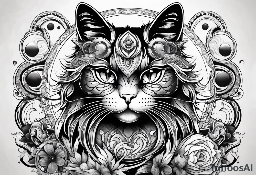 cat with an angry face surrounded by  planets tattoo idea