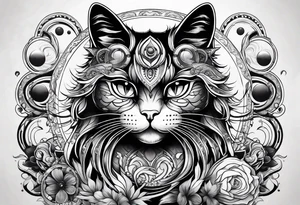 cat with an angry face surrounded by  planets tattoo idea